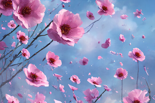 Pink flowers and petals in a windstorm IA
