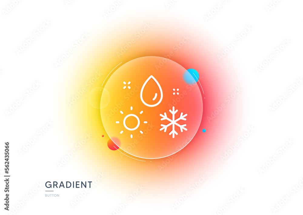 Poster weather line icon. gradient blur button with glassmorphism. winter snowflake sign. sun and rain symb
