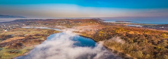 Aerial view of Lough fad in the morning fog, County Donegal, Republic of Ireland