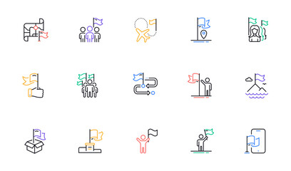 Flag line icons. Leadership, Goal Success, Winner with Flag. Navigation Map, Travel goal destination, People protest line icons. Mountain with Flag pole, Delivery box, Ownership. Vector