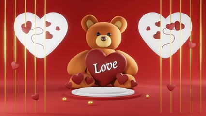 3D rendering of red podium for Valentine products on Valentine's Day.