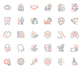 Medical icons set. Included icon as Family insurance, Farsightedness and Blood and saliva test web elements. Fever, Coronavirus, Nasal test icons. Life insurance, Dont touch. Vector