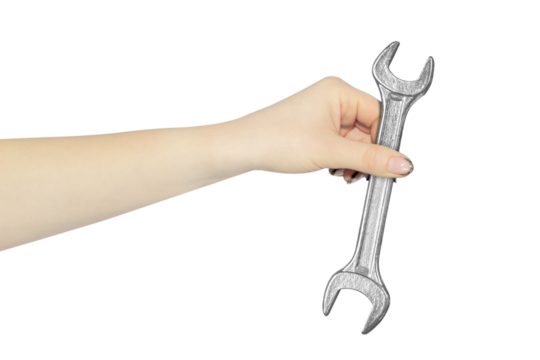 hand with an outstretched repair wrench isolated, apply a wrench
