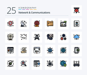 Network And Communications 25 Line Filled icon pack including zip. files. space. share. point