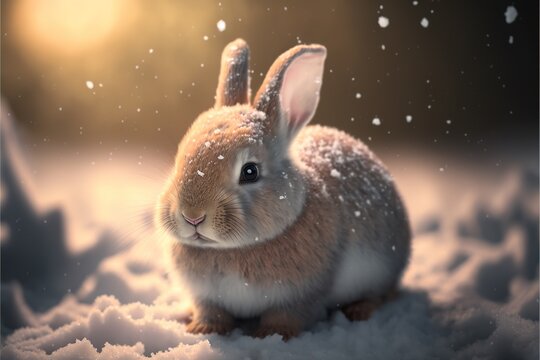 cute bunny rabbit in snow, beautiful bunny in snow, bokeh background, cinematic lighting, rabbit in winter