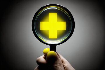 Obraz premium Person holding a magnifying glass with a yellow cross