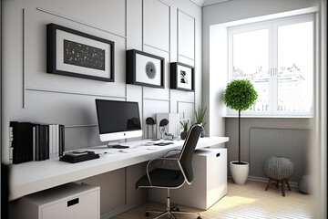 Beautiful and modern office design with furniture, could also be someone's home or living space.