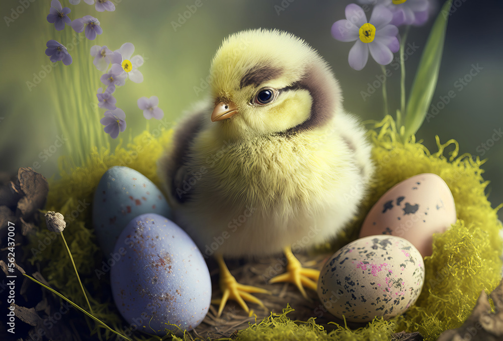 Wall mural Adorable baby chick in a spring meadow with easter eggs. Generative ai