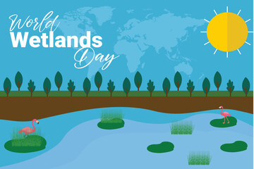 World Wetlands Day theme. Postcard or banner with a map cut out in paper, the branches of reeds and reminding an inscription. The date of the event is 2 February. Vector illustration.