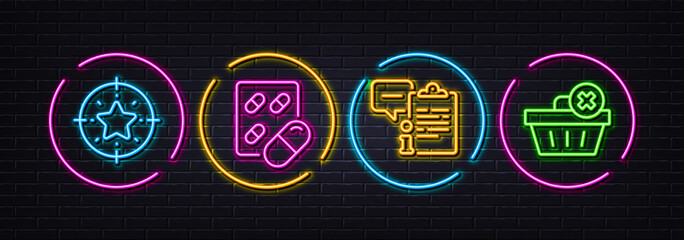 Capsule pill, Clipboard and Star target minimal line icons. Neon laser 3d lights. Delete order icons. For web, application, printing. Medicine drugs, Info document, Winner award. Clean basket. Vector