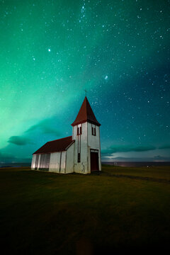 Hellnar church with aurora borealis - Iceland