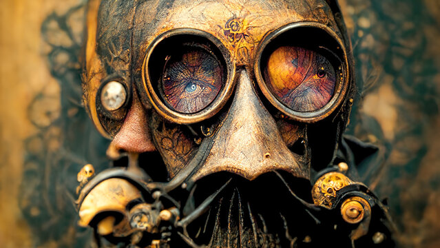 Face of man in an old leather gas mask