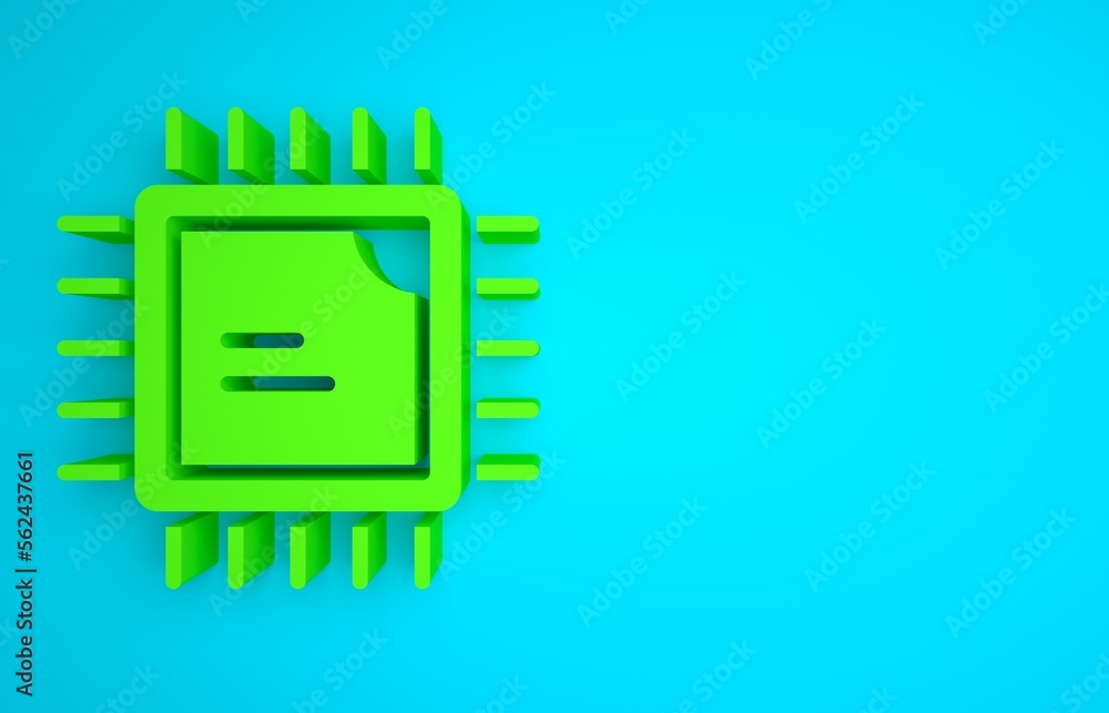 Poster green computer processor with microcircuits cpu icon isolated on blue background. chip or cpu with c