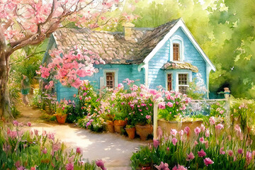 Fairy tale rustic country house spring - obrazy, fototapety, plakaty