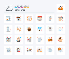 Coffee Shop 25 Flat Color icon pack including cup. shop. coffee. counter. cafe