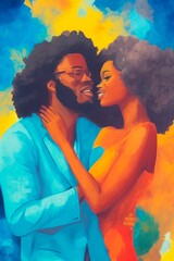 AI-Generated Image of an African American Couple in Love. Watercolor Portrait 
