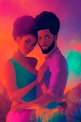 AI-Generated Image of an African American Couple in Love. Watercolor Portrait 