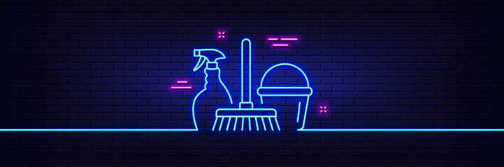 Neon light glow effect. Cleaning service line icon. Spray, bucket and mop symbol. Housekeeping equipment sign. 3d line neon glow icon. Brick wall banner. Household service outline. Vector © blankstock
