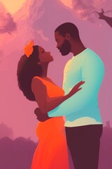 AI-Generated Image of an African American Couple in Love. Watercolor Portrait 