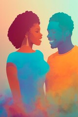 AI-Generated Image of an African American Couple in Love. Watercolor Portrait 
