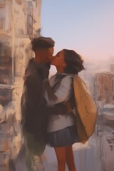 AI-Generated Image of an African American Couple in Love. Watercolor Portrait 