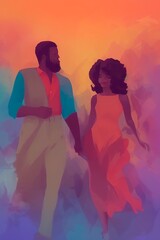 AI-Generated Image of an African American Couple in Love. Watercolor Portrait 
