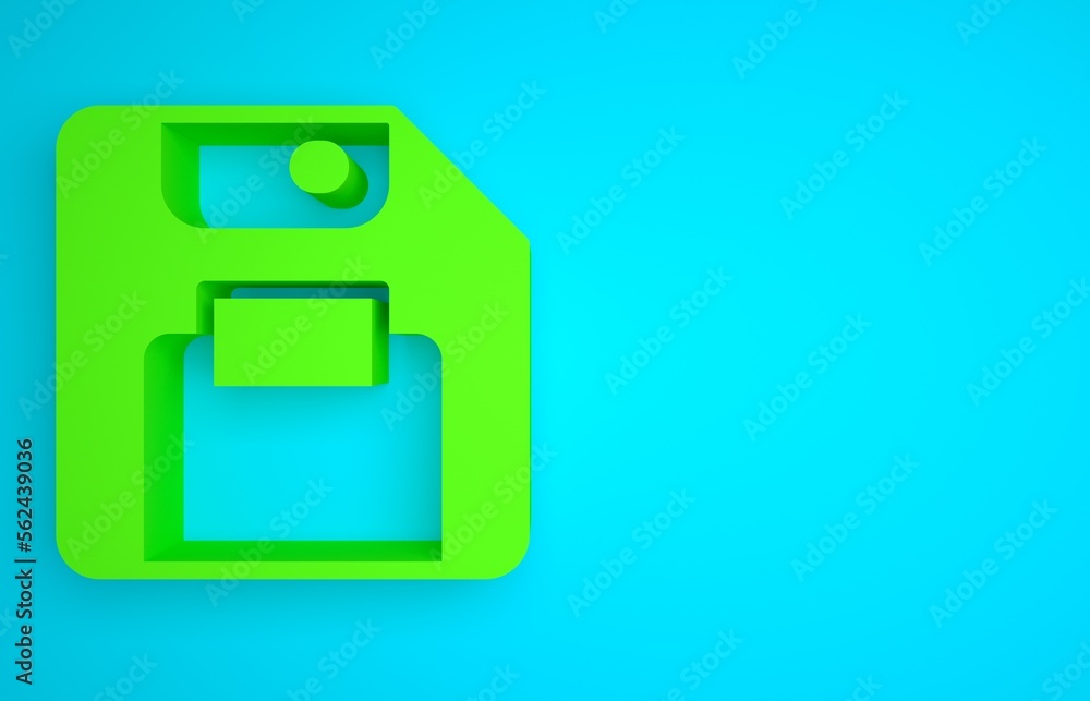 Poster green floppy disk for computer data storage icon isolated on blue background. diskette sign. minimal