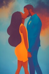 AI-Generated Image of an African American Couple in Love. Watercolor Portrait 