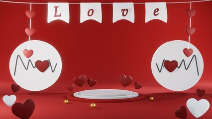 3D rendering of red podium for Valentine products on Valentine's Day.