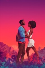 AI-Generated Image of an African American Couple in Love. Watercolor Portrait 