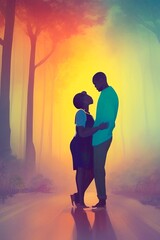 AI-Generated Image of an African American Couple in Love. Watercolor Portrait 