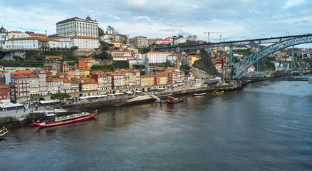 Aerial view of the old city and the Don Luis bridge in Porto. High quality photo