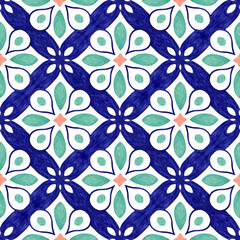 Surface seamless pattern with hand drawn watercolor tile ornament