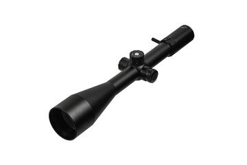 Modern sniper scope on a white back. Optical device for aiming and shooting at long distances.