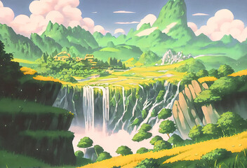 Obraz na płótnie Canvas Anime Painting Of A Landscape With Green Hills, Waterfalls, And Trees In Summer Time. Generative AI Illustration