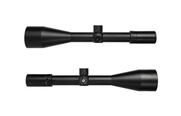 Modern sniper scope on a white back. Optical device for aiming and shooting at long distances.