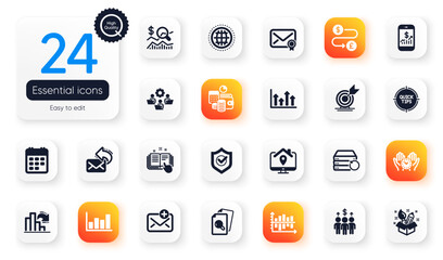 Set of Education flat icons. Calendar, Approved shield and Tips elements for web application. Inspect, Recovery server, Technical documentation icons. Globe, Check investment. Vector