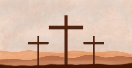 View Of  Three Crosses, easter christian motive, Resurrection Of Jesus Christ. Religion copy space background.