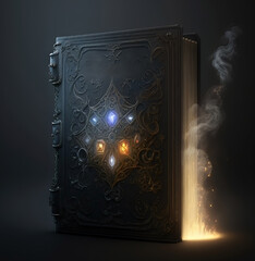 Fantasy leather book with glowing gems. White smoke. Magical fantasy witch book. 
