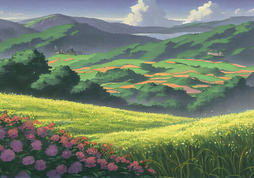 Anime Painting Of A Green Landscape Full Of Flowers With Smooth Hills And Puffy Clouds. Generative AI Illustration
