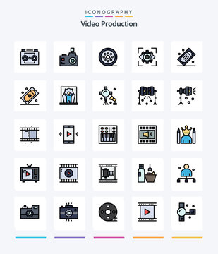 Creative Video Production 25 Line FIlled icon pack  Such As imagination. eyesight. photographer. vintage reel. movie reel