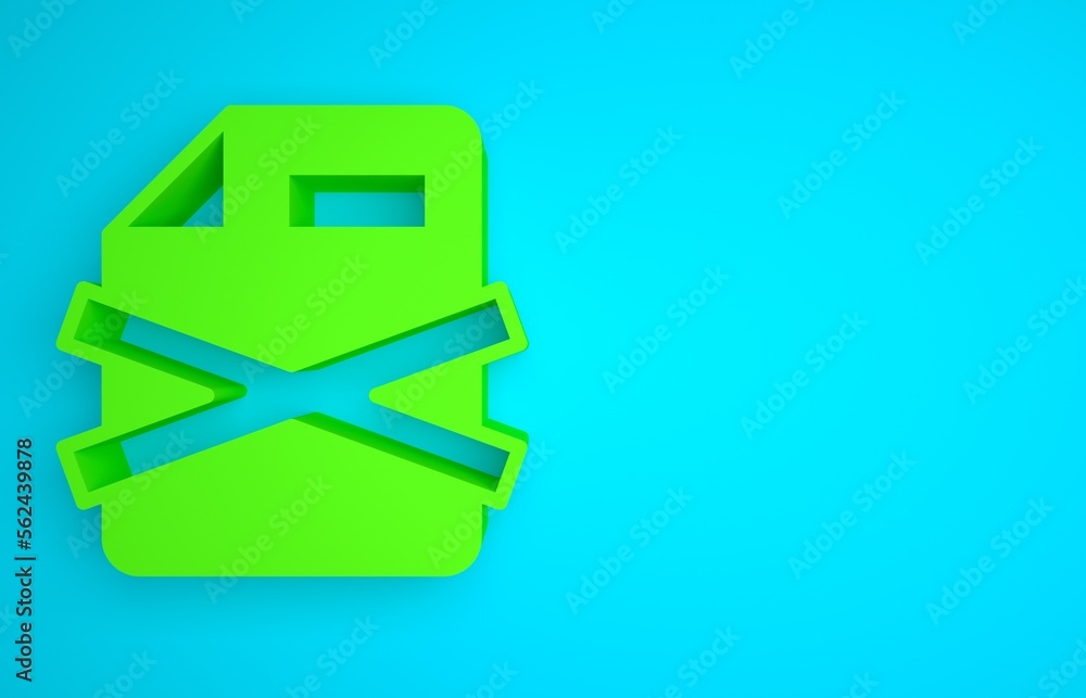 Poster green delete file document icon isolated on blue background. rejected document icon. cross on paper.