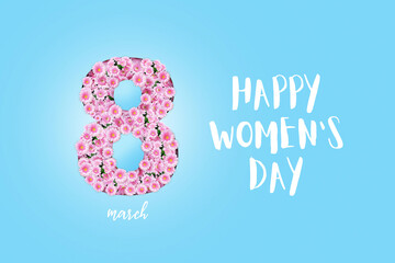 Beautiful Pink chamomile flowers and curtains grow from the number 8 on a blue background. Happy March 8, creative idea. Happy World Women's Day, Concept