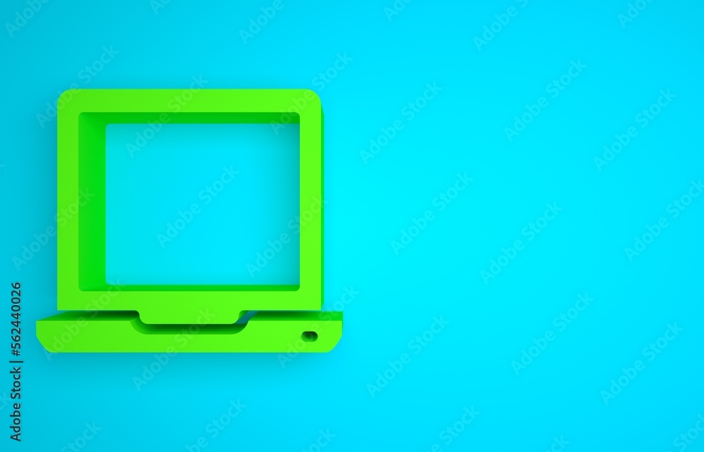 Poster green laptop icon isolated on blue background. computer notebook with empty screen sign. minimalism 