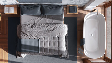 Japandi wooden bedroom with bathtub in white and gray tones. Master bed, parquet, windows and wallpaper. Top view, plan, above. Modern interior design