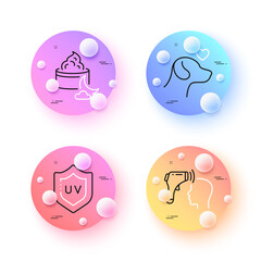 Obraz premium Electronic thermometer, Night cream and Uv protection minimal line icons. 3d spheres or balls buttons. Pets care icons. For web, application, printing. Vector