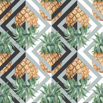 Pine apple in angle contrast ornament. Seamless pattern with watercolor hand drawn illustration