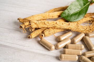 Ginseng, dried vegetable herb. Healthy food famous export food in Korea country.