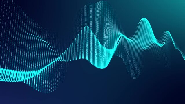 Abstract loopable blue cg motion waving dots texture with glowing defocused particles. Cyber or technology digital landscape background.