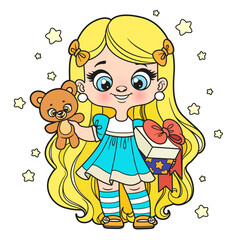 Cute cartoon long haired blond girl with gift box and teddy bear in hands color variation for coloring page on a white background
